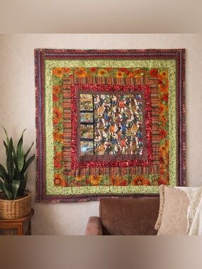 Vintage handmade patchwork Colorful Floral & Ethnic Boho  Quilt Wall Hanging